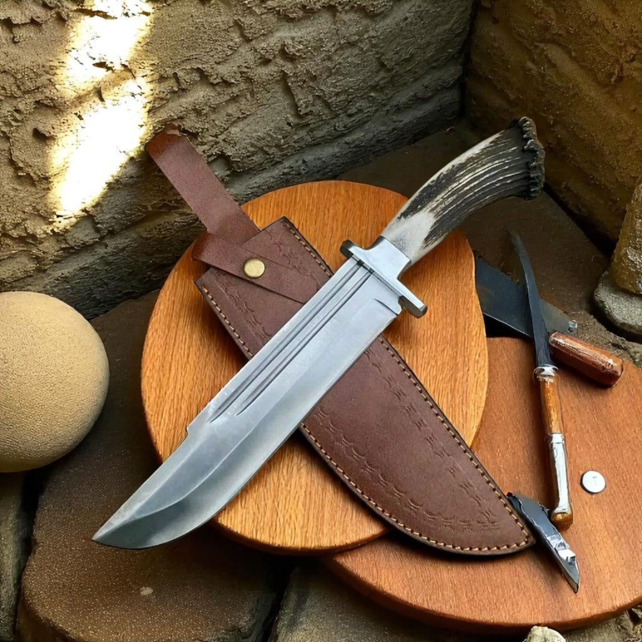 Hand-Forged High Carbon Steel Bowie Knife with Stag Handle | Hunting & Survival Knife with Leather Sheath
