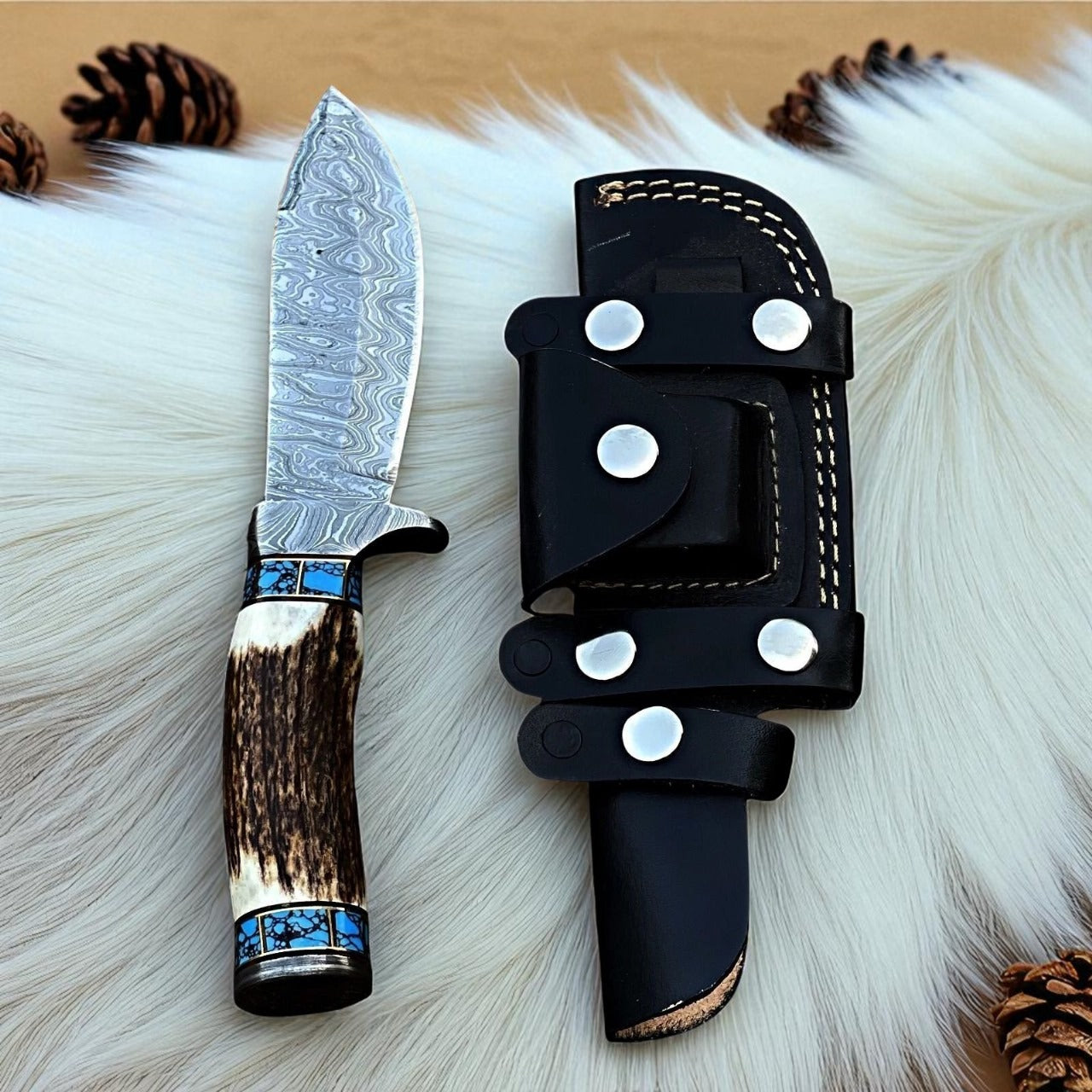 Handmade Damascus Steel Skinner Knife | Stag Handle | Hunting Knife with Leather Sheath