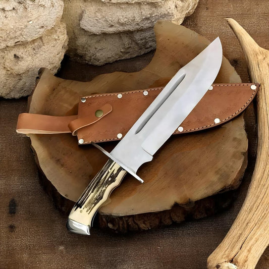 Custom Handmade D2 Steel Bowie Knife with Stag Horn Handle | Hunting & Camping Knife | Leather Sheath Included | Gift for Him