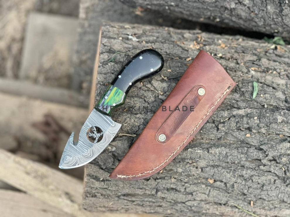 Hand-Crafted Full Tang Damascus Steel Gut-Hook Skinning Knife – with Premium Leather Sheath | The Viking Blade |