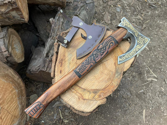 Hand-Forged Viking Style Axe – With Detailed Engravings on Blade and Handle & Leather Sheath