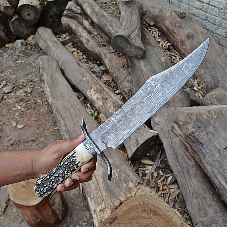 Custom Handmade  Bowie Knife – 10" Hunting Blade, Mosaic Pattern, Stag Handle With Leather Sheath