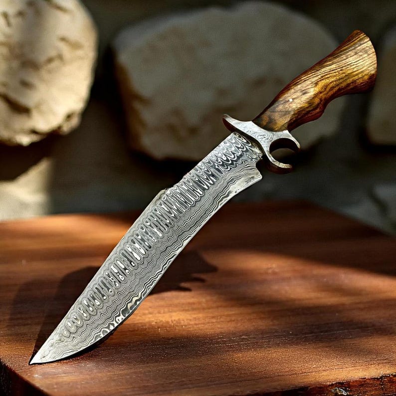 Custom Handmade Damascus Steel Hunting Knife | Burl Wood Handle | With Leather Sheath