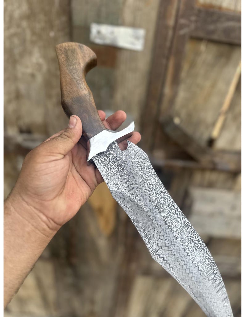 Custom Damascus Steel Hunting Bowie Knife | 15'' Handmade Survival Knife with Rose Wood Handle