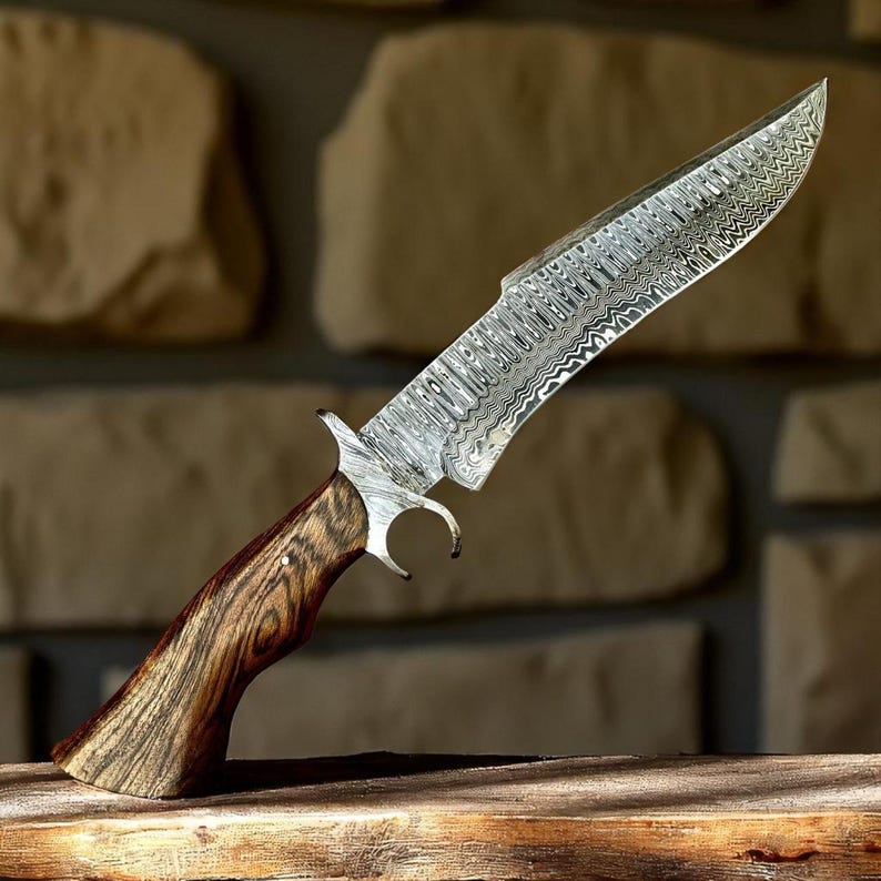 Custom Handmade Damascus Steel Hunting Knife | Burl Wood Handle | With Leather Sheath