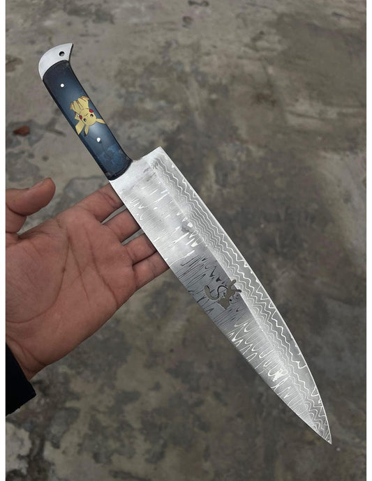 15'' Handmade Damascus Chef Knife: Anime Pikachu Style Handle, Kitchen Knife Gift