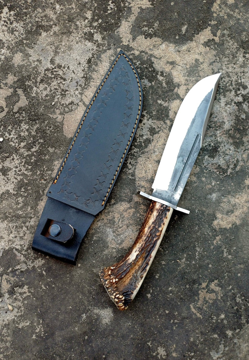 Handmade Bowie Knife – 1095 High Carbon Steel Blade, Stag Antler Handle, 13" Hunting Knife with Leather Sheath