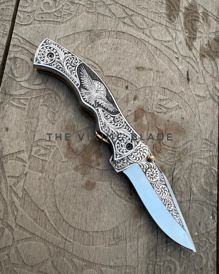 Handmade Viking Raven Folding Knife: Engraved D2 Steel Blade,