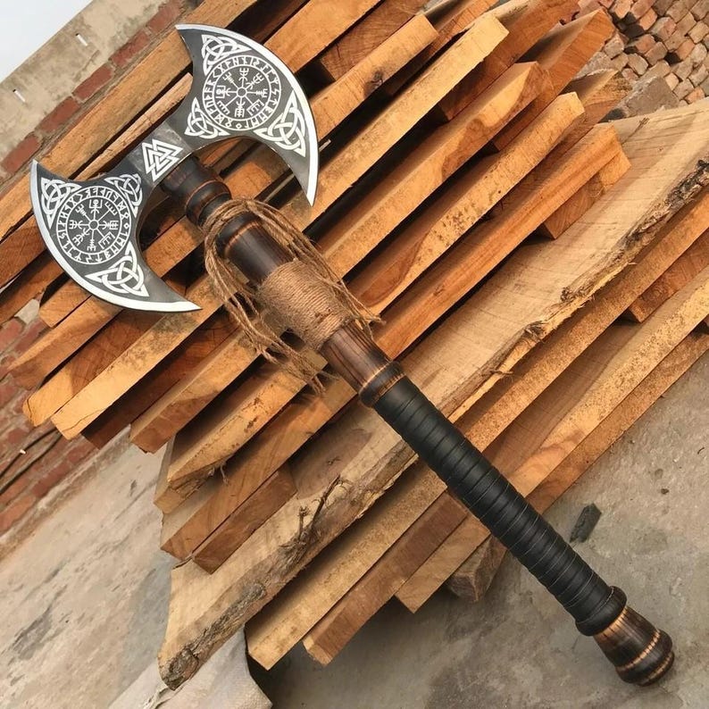 Handmade Carbon Steel Double Headed Viking Axe With Leather Sheath