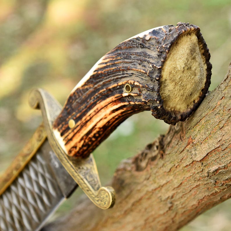 Bowie Hunting Knife, Stone Washed Stainless Steel, Stag Horn Handle