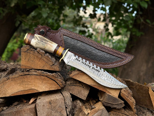 Handmade Damascus Bowie Knife with Stag Antler Handle – 14” Hunting Knife with Leather Sheath