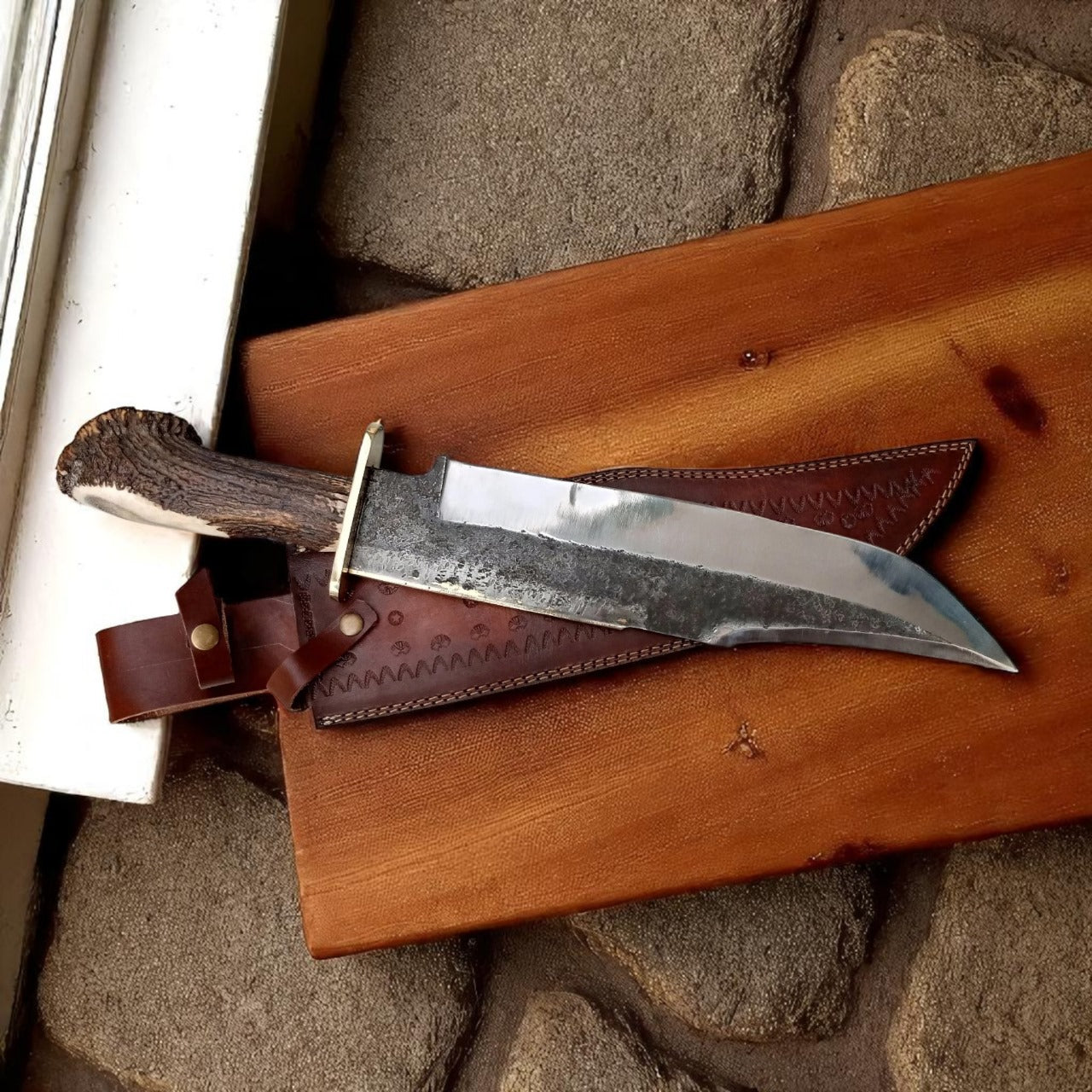 Handmade Carbon Steel Bowie Knife | 18" Blade with Stag Handle & Leather Sheath | Custom Hunting Knife