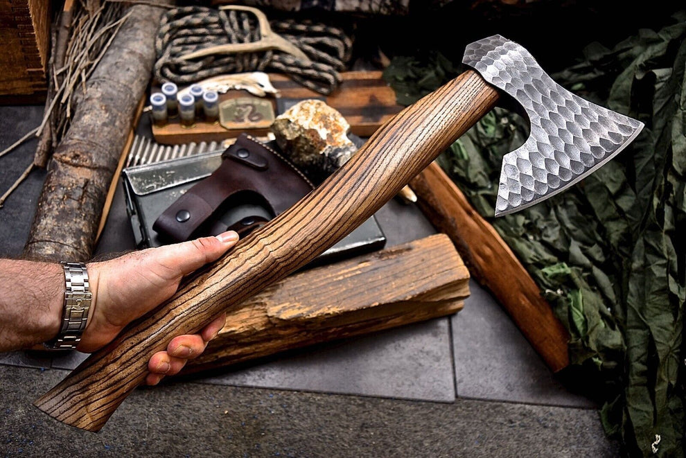 Handmade Forged Bearded Viking Axe, Steel Axe Camping Hatchet with Leather Sheath