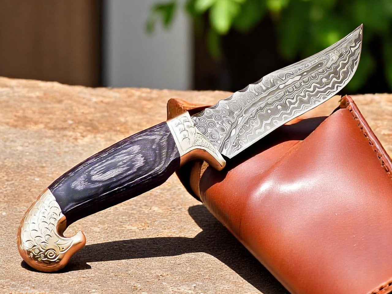 Custom Handmade Damascus Steel Hunting Knife With Leather Sheath