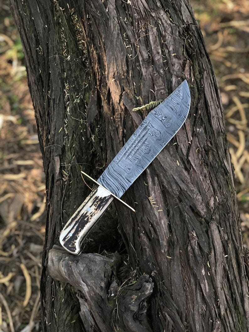 Handmade Damascus Steel Bowie Knife: Deer Antler Handle, Leather Sheath