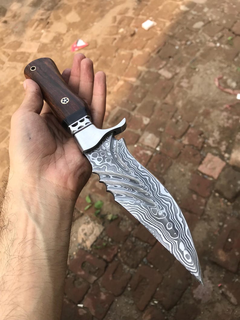 Handcrafted Damascus Steel Knife: Rosewood Handle, Leather Sheath cover