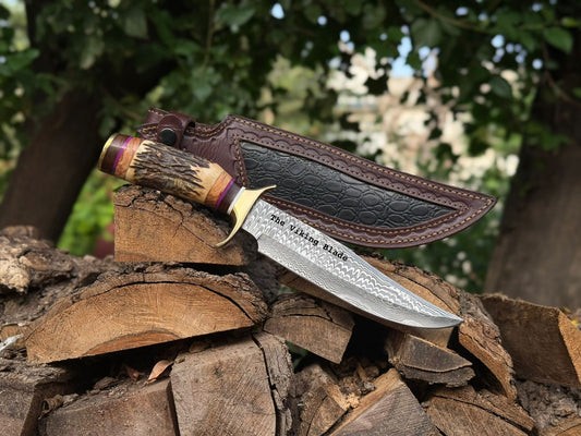 Handmade Damascus Bowie Knife with Stag Antler Handle – 14” Hunting Knife with Leather Sheath