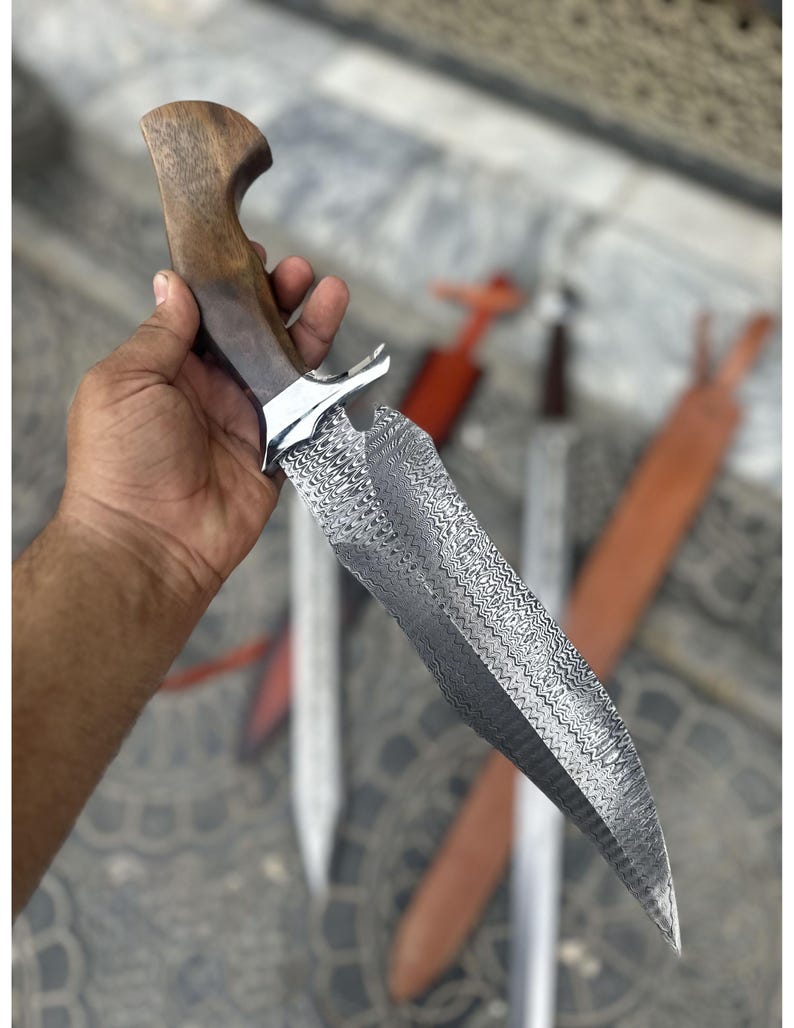 Custom Damascus Steel Hunting Bowie Knife | 15'' Handmade Survival Knife with Rose Wood Handle