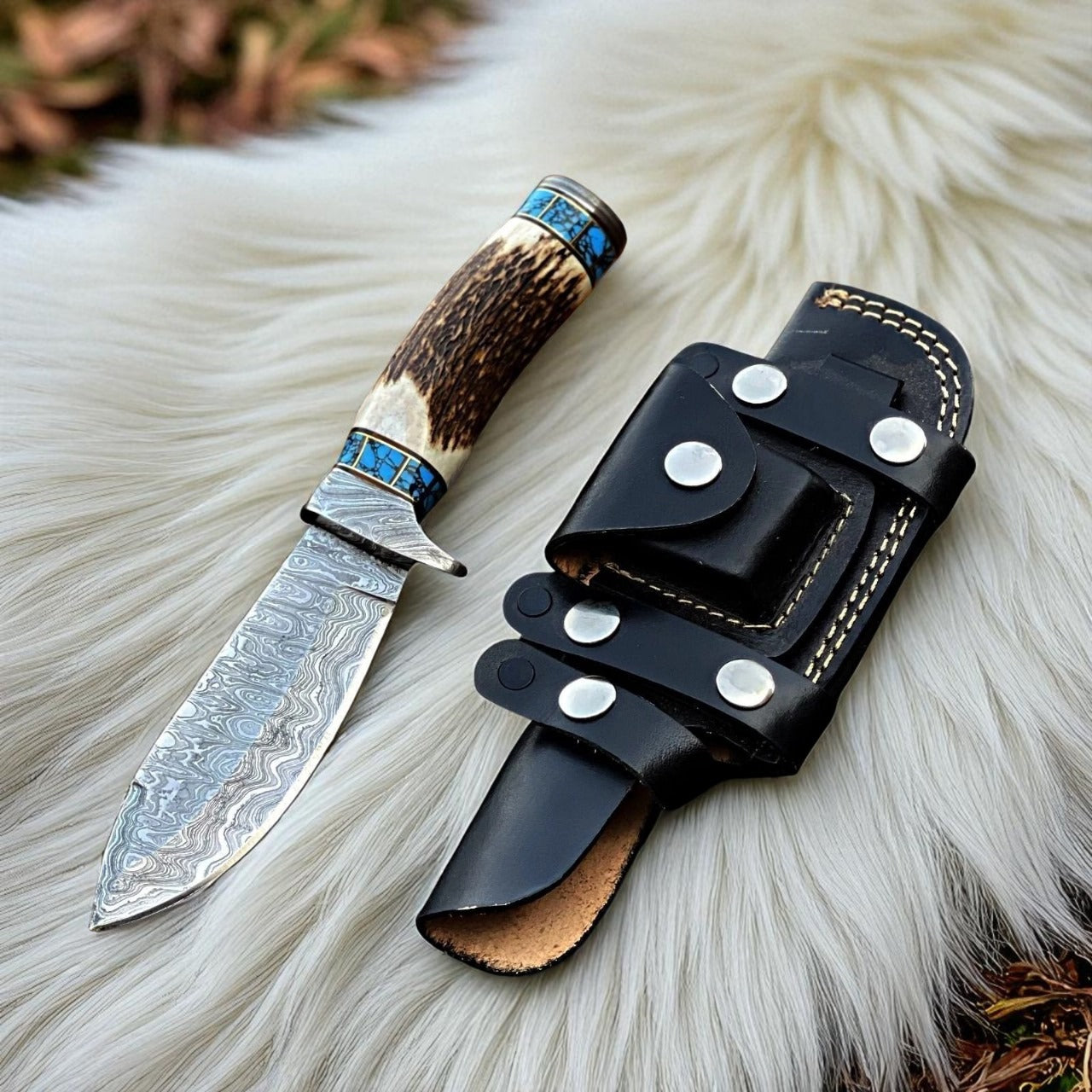 Handmade Damascus Steel Skinner Knife | Stag Handle | Hunting Knife with Leather Sheath
