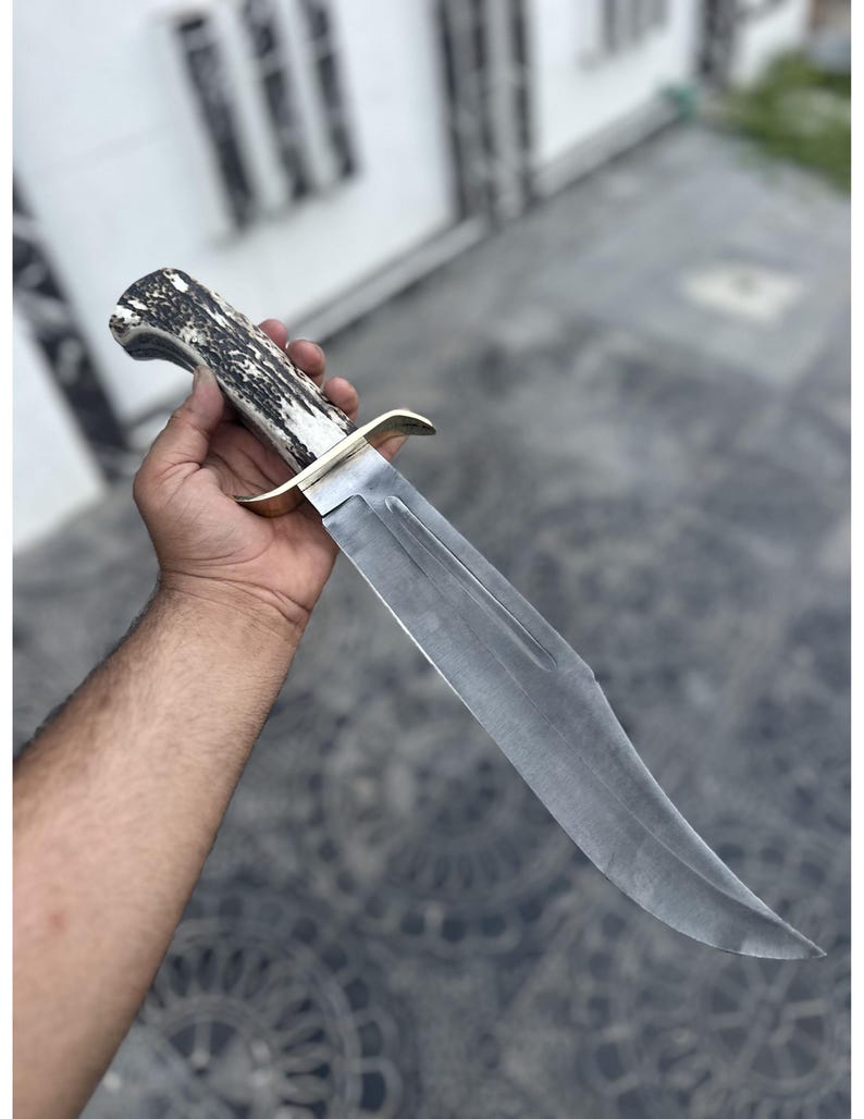 Carbon Steel Bowie Knife Handmade Stag Horn Handle Leather Sheath