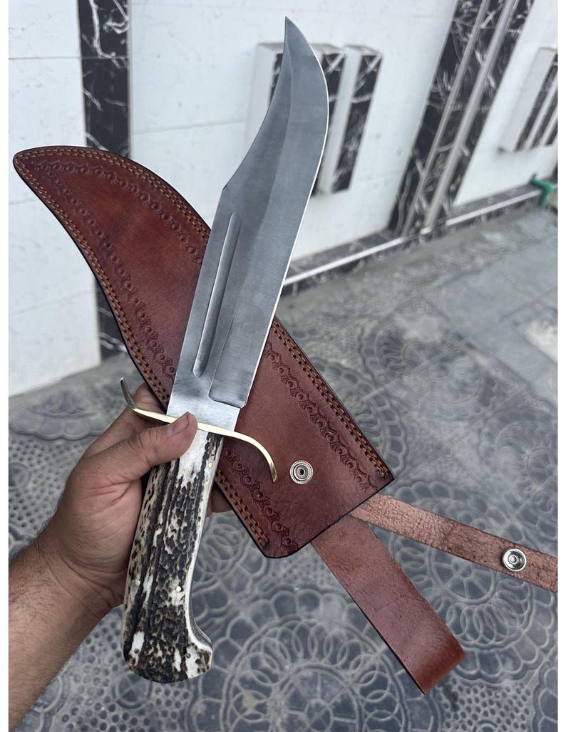 Carbon Steel Bowie Knife Handmade Stag Horn Handle Leather Sheath
