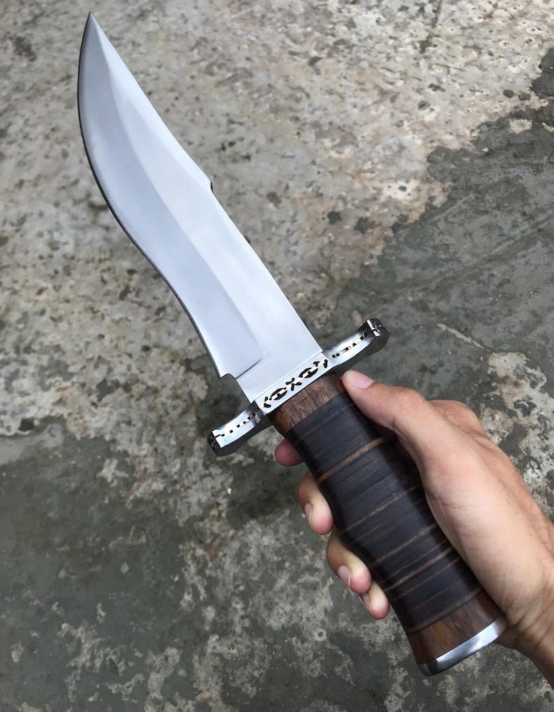Hand-Forged Steel Bowie Hunting Knife: Stacked Leather Handle, Leather Sheath