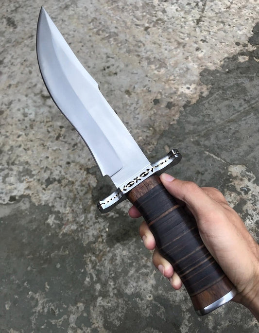 Hand-Forged Steel Bowie Hunting Knife: Stacked Leather Handle, Leather Sheath