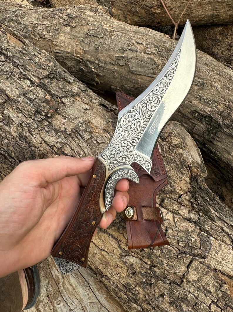 Hand Engraved Camping Hunting Knife With Leather Sheath