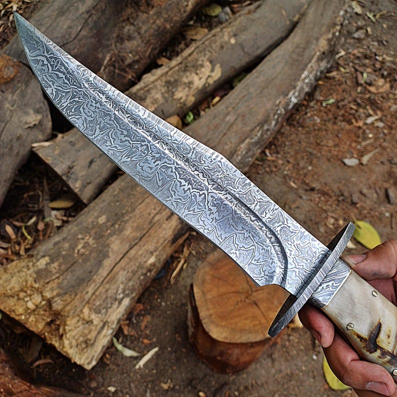 Custom Handmade Hunting Bowie Knife With Leather Sheath