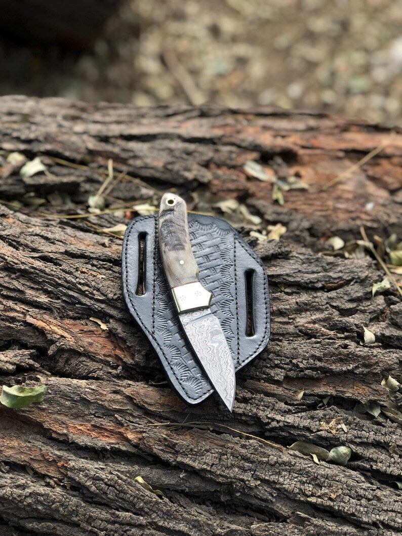 handmade damscus steel skinning knife edc knife with sheath