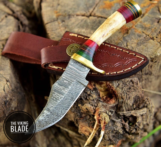 Handmade Damascus Skinning Hunting Fix Blade Knife Stag Antler & Brass Guard Comes With Genuine Leather Sheath