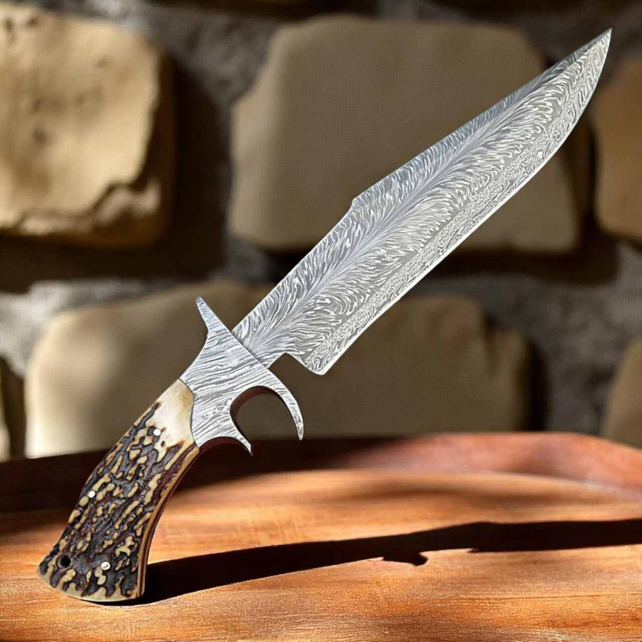 Premium Handmade Damascus Steel Hunting Knife Set – 5mm Blade, Stag Horn Handle, Leather Sheath