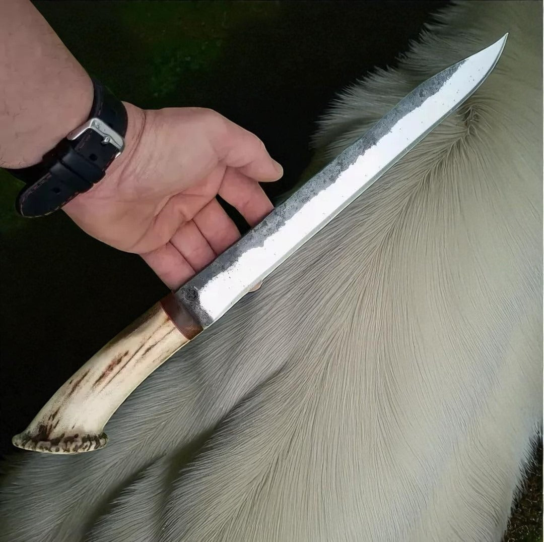 Custom Hunting Knife with Stag Antler Handle | Handmade Carbon Steel Blade | Leather Sheath Included