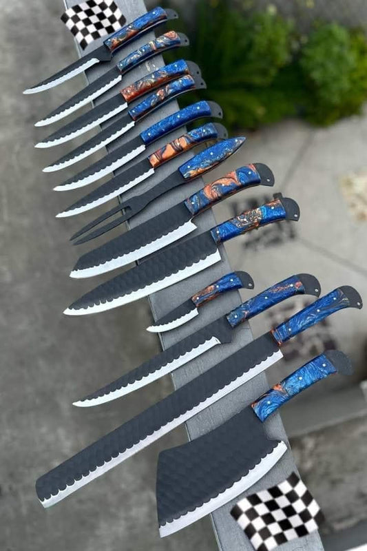 Premium 14-Piece Handmade Kitchen Knife Set – Hammered Finish Blades with Resin Epoxy Handles
