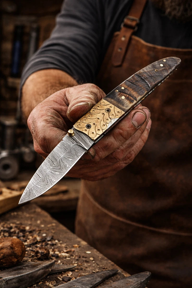 Handmade Damascus Inner Lock Folding Pocket Knife Collectors EDC with Sheath