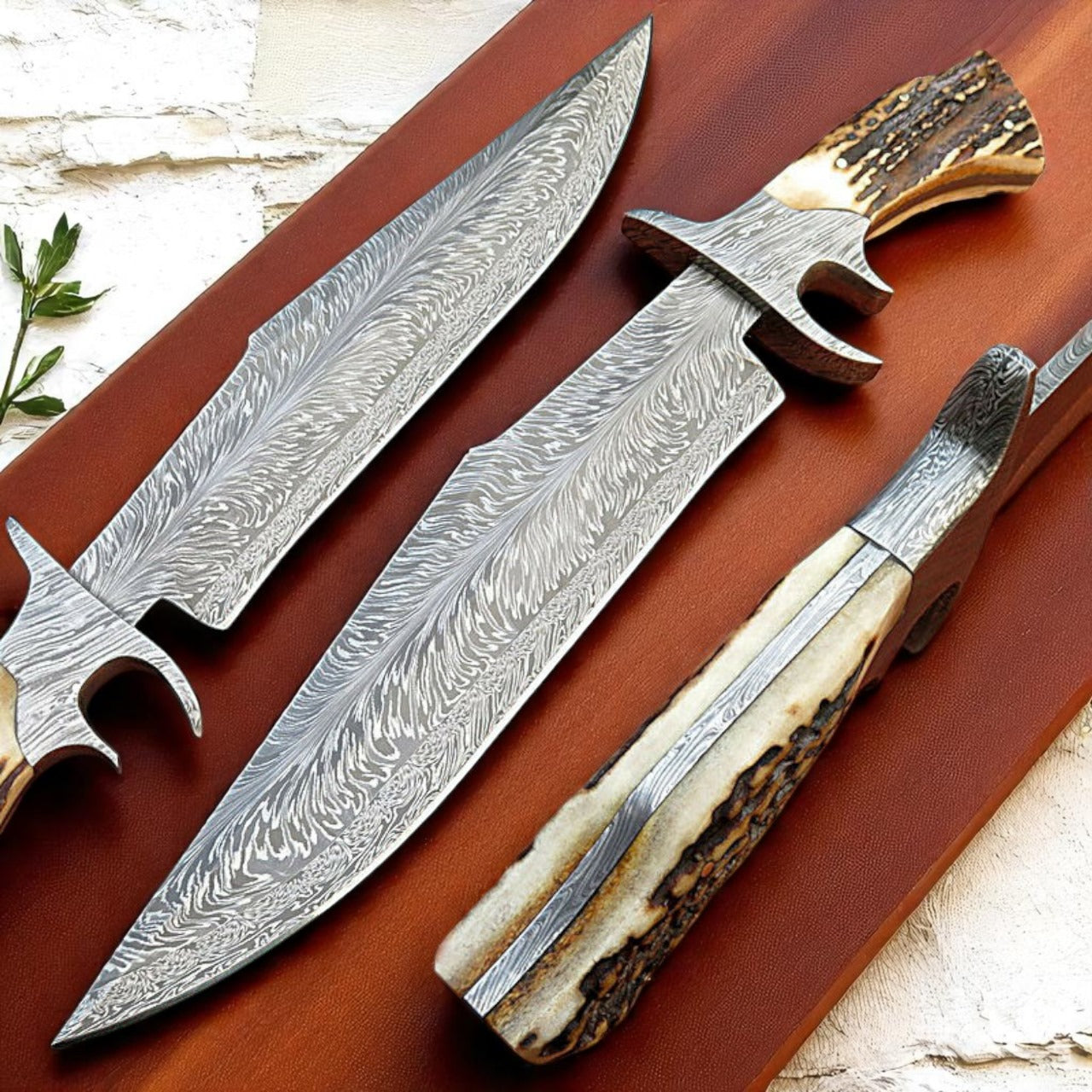 Premium Handmade Damascus Steel Hunting Knife Set – 5mm Blade, Stag Horn Handle, Leather Sheath