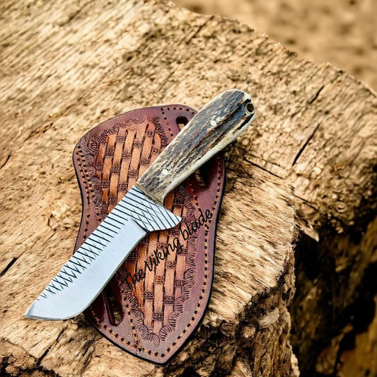 Deer Skinny Knife – 3.6" Rasp File Steel Blade with Antler Horn Handle