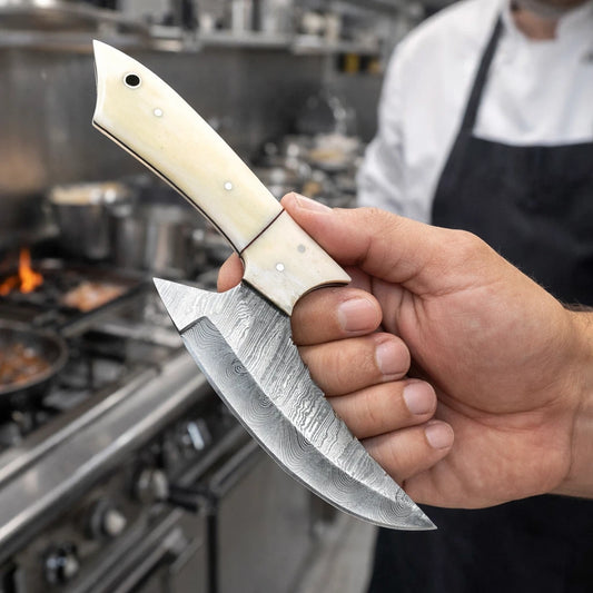 HandForged Damascus Steel Blade Pizza Meat Cutter Knife With Sheath