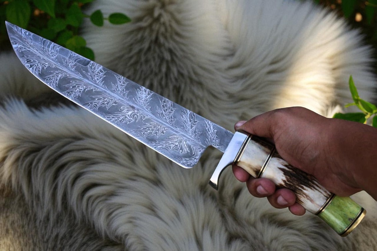 Custom Damascus Bowie Knife | Mosaic Pattern Blade | 16” Stag Horn Handle Hunting Knife