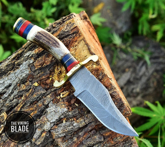 CUSTOM Handmade Damascus Steel HUNTING SKINNING Knife Stag Handle Brass Guard Comes With Genuine Leather Sheath