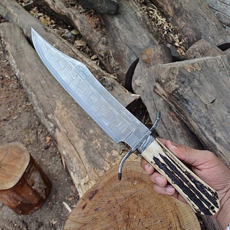 Custom Handmade  Bowie Knife – 10" Hunting Blade, Mosaic Pattern, Stag Handle With Leather Sheath