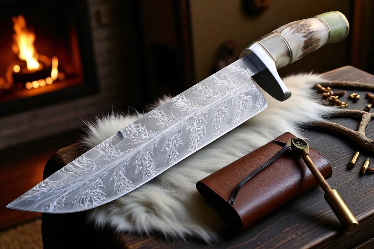 Custom Damascus Bowie Knife | Mosaic Pattern Blade | 16” Stag Horn Handle Hunting Knife