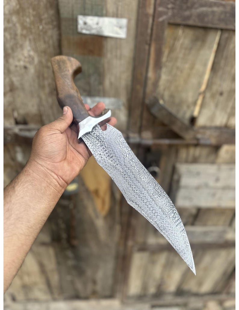 Custom Damascus Steel Hunting Bowie Knife | 15'' Handmade Survival Knife with Rose Wood Handle