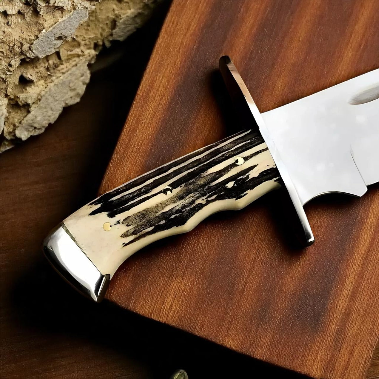 Custom Handmade D2 Steel Bowie Knife with Stag Horn Handle | Hunting & Camping Knife | Leather Sheath Included | Gift for Him