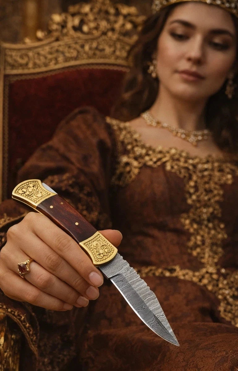 Damascus Steel Folding Blade Pocket Knife Wood & Double Brass Bolster Handle