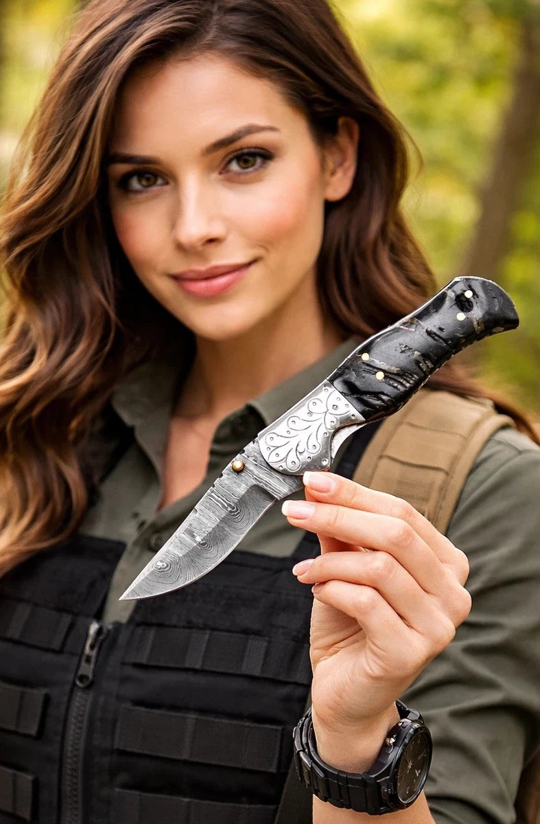 Hand Forged Damascus Steel Folding Pocket Inner Lock Hunting Hiking Knife Sheath