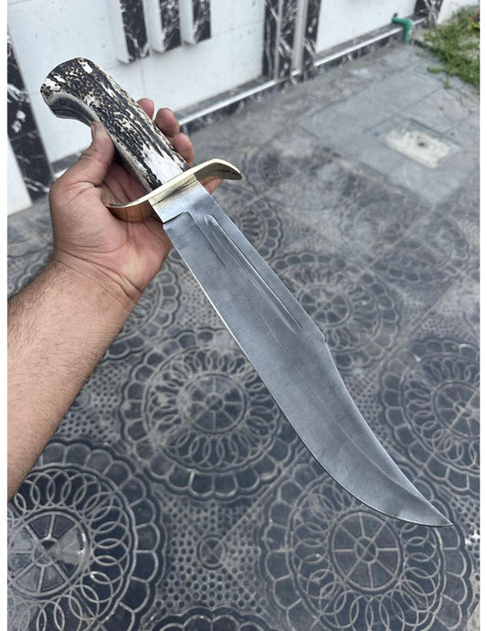 Carbon Steel Bowie Knife Handmade Stag Horn Handle Leather Sheath