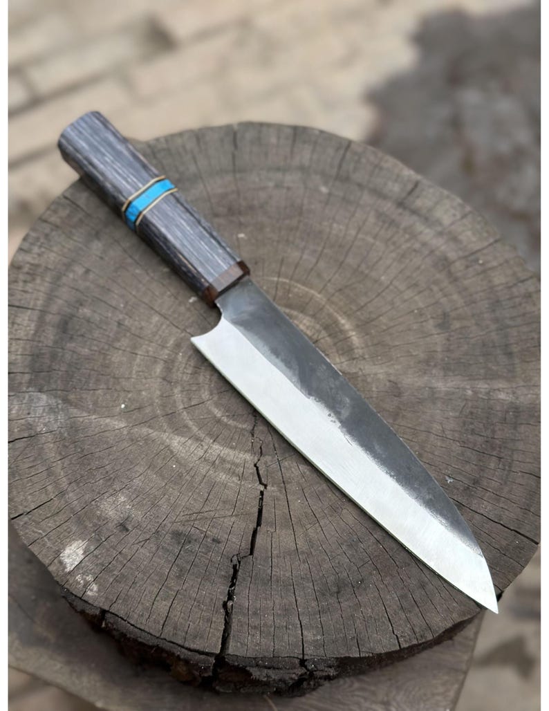 Handmade High-Carbon Steel Chef Knife: Black Wood & Turquoise Handle