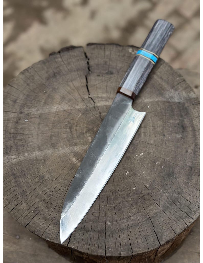 Handmade High-Carbon Steel Chef Knife: Black Wood & Turquoise Handle