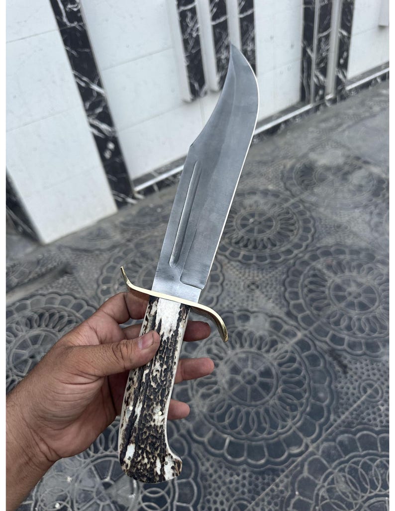 Carbon Steel Bowie Knife Handmade Stag Horn Handle Leather Sheath